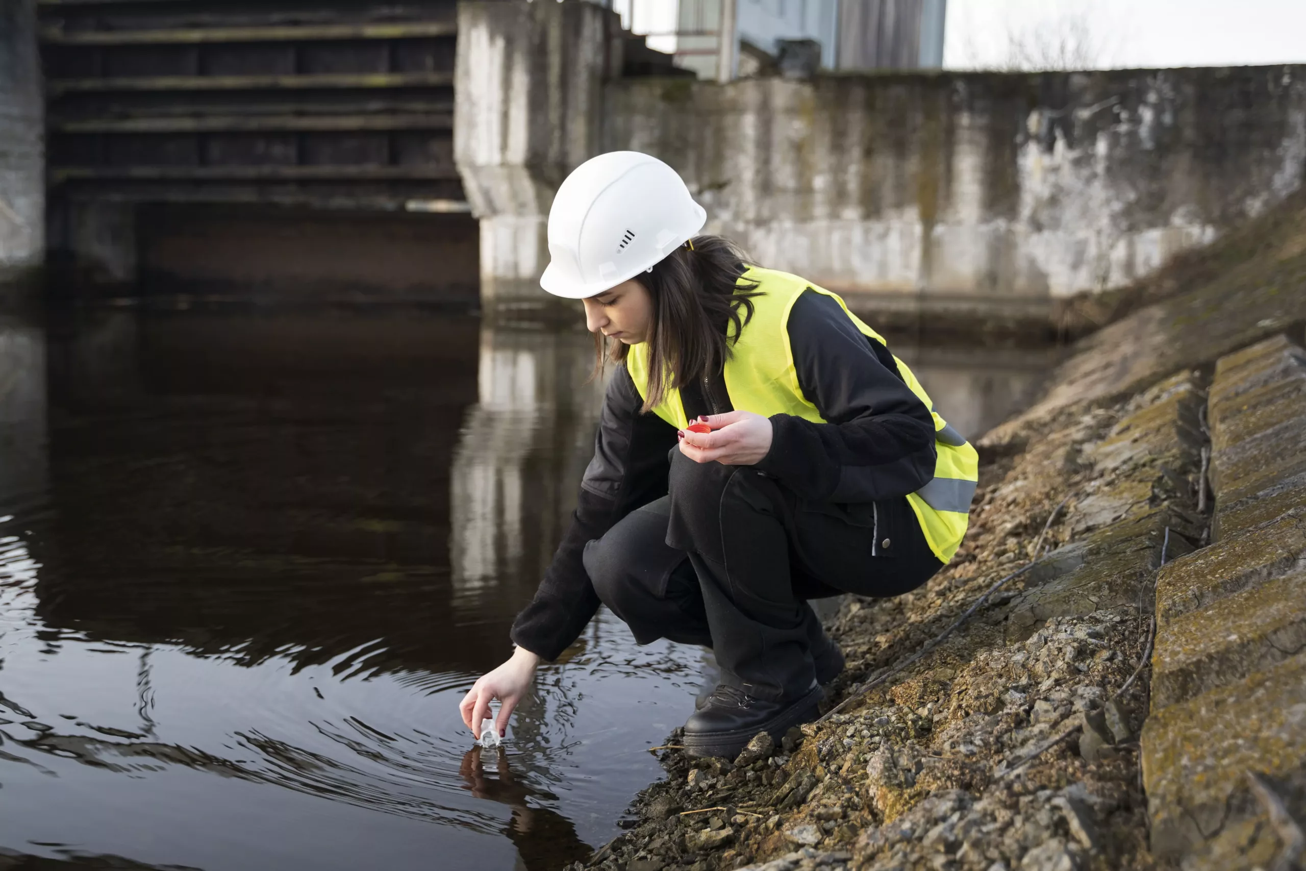 woman checking a Dirty water puddle