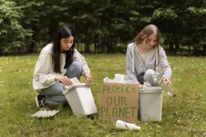 Two women cleaning a park with protect our planet banner